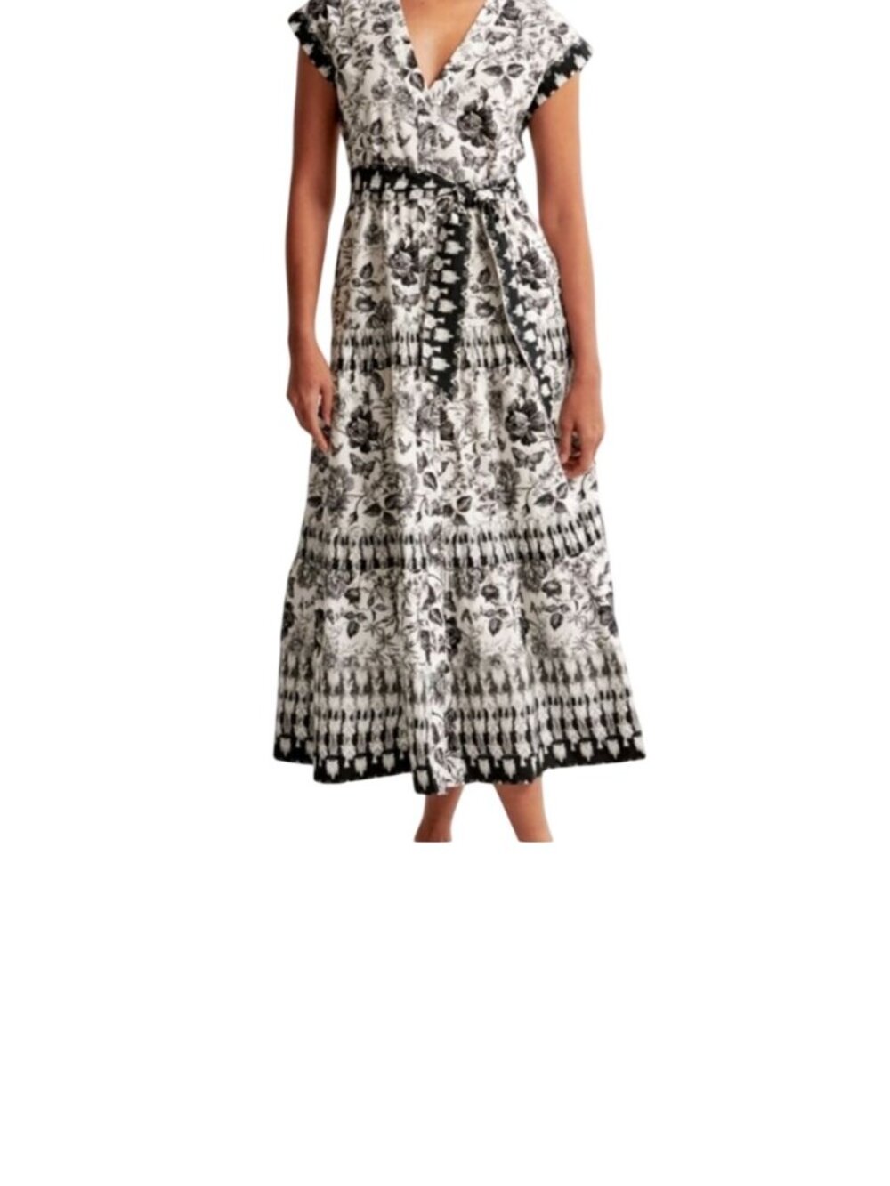 Abercrombie & Fitch Womens Floral Black White Maxi Dress Belted Waist Large Tall
